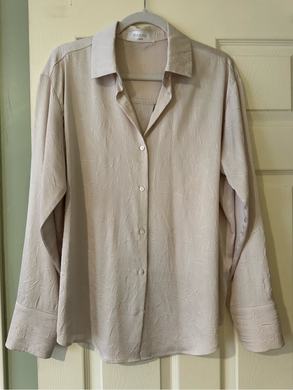 MAXINE Taupe Crinkle Textured Satin Collared Button Down Blouse Size L